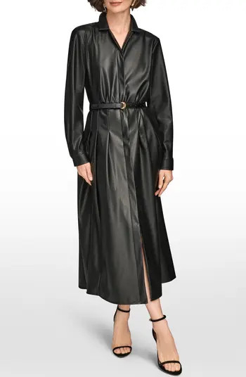 Donna Karan New York Long Sleeve Faux Leather Pleated Dress | Nordstrom | Nordstrom