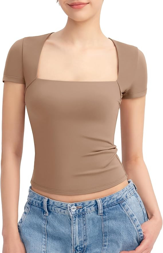 PUMIEY Women's Square Neck Going Out Tops Sexy Slim Fit Short Sleeve T Shirts Smoke Cloud Pro Col... | Amazon (US)