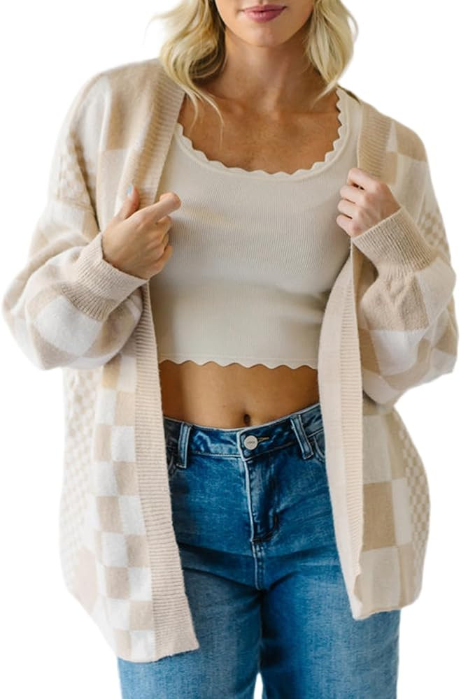 SELINK Women's Cardigan Sweater Vintage Open Front Mixed Checkered Pattern Chunky Knit Plaid Long... | Amazon (US)