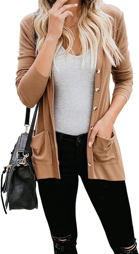 Naggoo Women's Cardigans Button Down Solid Knit Loose Cardigans with Pockets | Amazon (US)