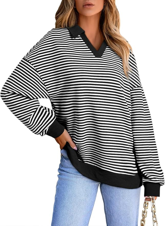 AlvaQ Womens Oversized Sweatshirts Casual Striped Long Sleeve Shirts Color Block Lapel V Neck Dro... | Amazon (US)