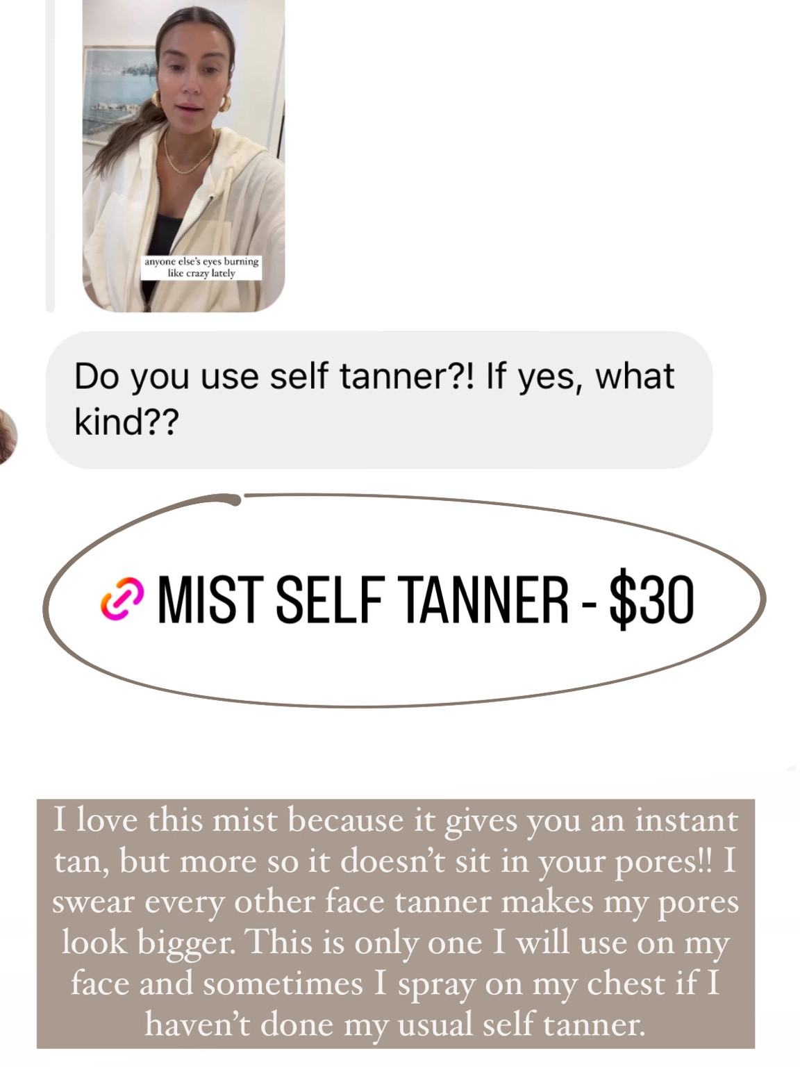 Self tanner ✨ I love this mist because it gives you an instant tan, but more so it doesn’t sit in your pores!! I swear every other face tanner makes my pores look bigger. This is only one I will use on my face and sometimes I spray on my chest if I haven’t done my usual self tanner. 

Spring beauty; self tanner; instant tanner; mist tanner; beauty favorite; Christine Andrew 

#LTKFind #LTKunder50 #LTKbeauty