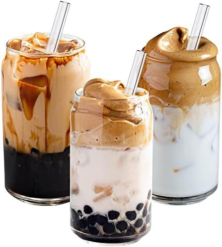 16 oz Can Tumbler Glasses Set of 4 with 6 Glass Reusable Straws For Iced Coffee Boba Tea Cocktails B | Amazon (US)