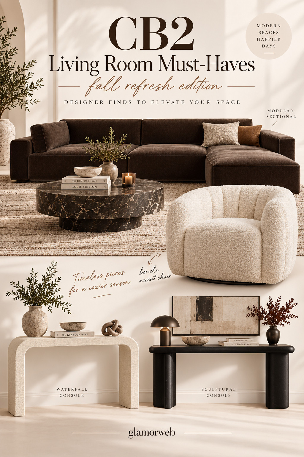 CB2 living room must-haves I’m loving for a cozy fall refresh 🤎 Think sculptural sofas, deep comfy sectionals, statement coffee tables, boucle accent chairs, and sleek console tables that instantly make the whole room feel more elevated. The mix of warm neutrals, rich browns, soft textures, and modern silhouettes gives that clean designer look without feeling too overdone. Perfect inspo if you’re updating your living room for fall and want it to feel luxe, cozy, and modern.

#CB2 #CB2Home #CB2Finds #FallLivingRoom #FallLivingRoomIdeas #LivingRoomRefresh #LivingRoomInspo #LivingRoomDecor #ModernLivingRoom #LuxuryLivingRoom #CozyLivingRoom #SofaFinds #SectionalSofa #CoffeeTableIdeas #AccentChair #BoucleChair #ConsoleTable #ModernHomeDecor #FallHomeDecor #InteriorInspo #DesignerHome #NeutralHomeDecor #HomeDecorFinds #LTKHome #LivingRoomGoals 

 #LTKSeasonal #LTKHome #LTKSaleAlert