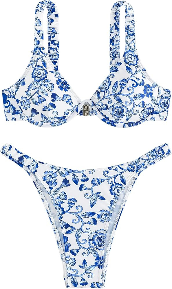 WDIRARA Women's 2 Piece Swimsuit Floral Print Underwire Bra and Thongs Bikini Set | Amazon (US)