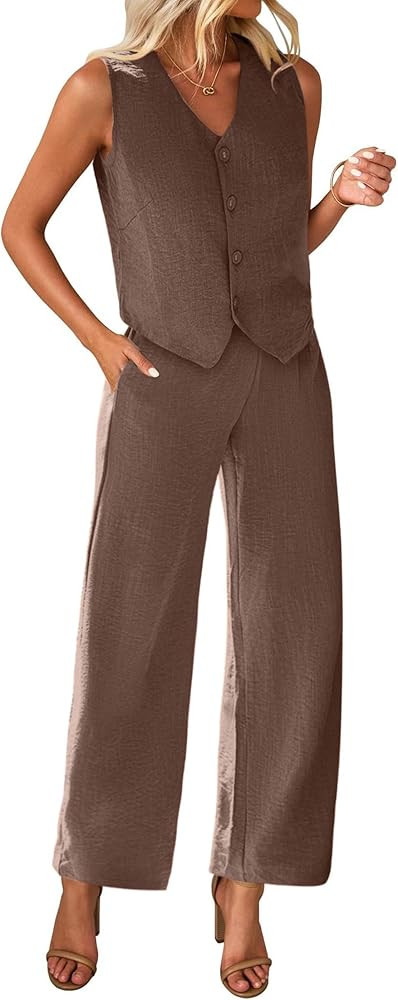 KIRUNDO Business Casual Outfits for Women Pant Suits Dressy 2 Piece Sets Sleeveless Blazer Vest W... | Amazon (US)