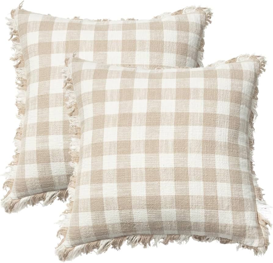 Set of 2 Farmhouse Cotton Linen Boho Gingham Fringe Checkered Plaid Throw Pillow Covers 18x18 Inc... | Amazon (US)