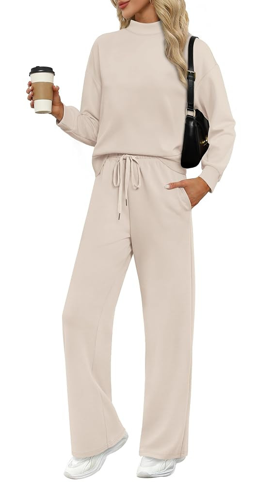 WIHOLL Two Piece Sets for Women Fall Outfits Lounge Sets Mock Neck Tops Wide Leg Pants Vacation T... | Amazon (US)