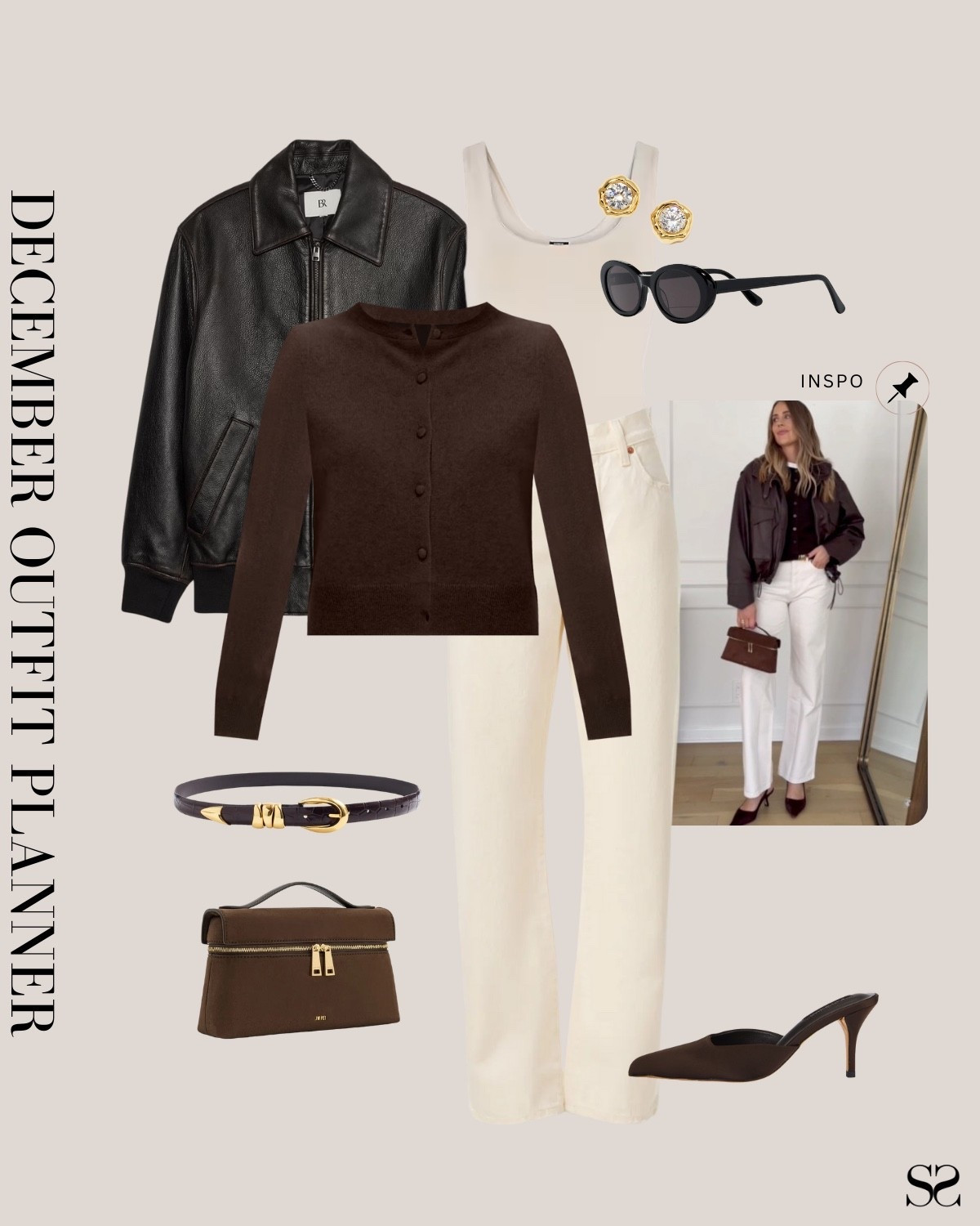Monthly outfit planner DECEMBER: Winter outfits | white denim, chocolate cardigan, leather jacket, heeled mule, leather belt, office friendly

#classicstyle #casualstyle #LTKstyletip #winteroutfit

Image inspo credit: @fashion_jackson 

#LTKootd #LTKSeasonal #LTKWorkwear
