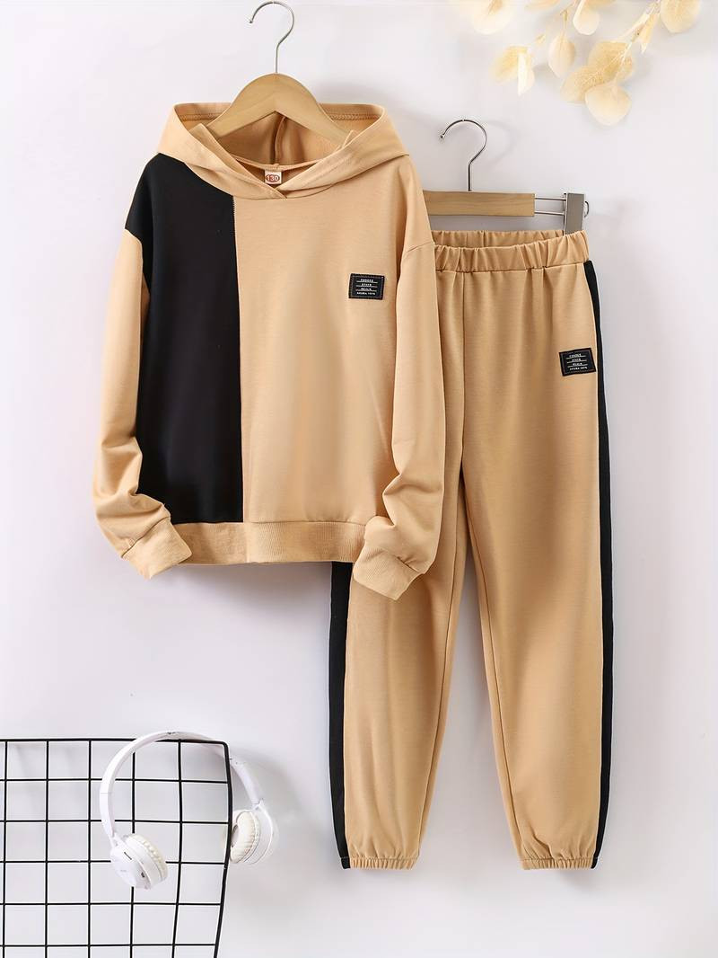 2pcs Boy's Label Patched Trendy Outfit, Color Clash Hoodie & Track Pants Set, Casual Long Sleeve ... | Temu Affiliate Program