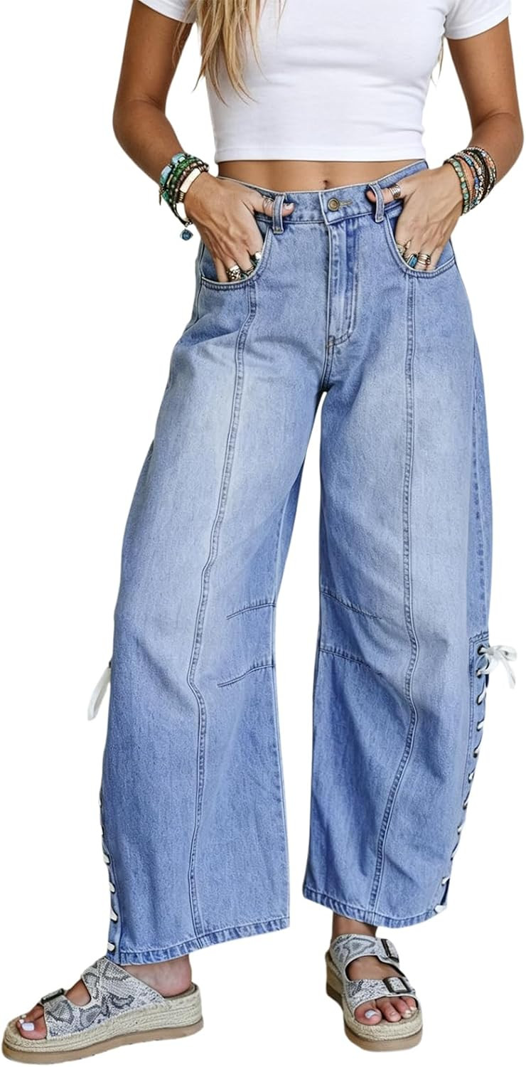 YEXPINE Women's Lace-up Barrel Jeans High Rise Wide Leg Y2K Demin Pants | Amazon (US)