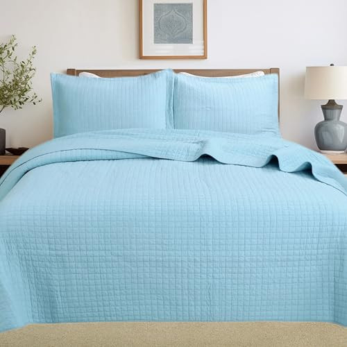 MarCielo 3 Piece 100% White Cotton Quilt Set Lightweight Bedspread Bed Coverlets Comforter Set (Light Blue, King) | Amazon (US)