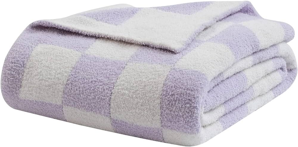 Fuzzy Checkerboard Grid Throw Blanket Soft Cozy Warm Microfiber All Season Blanket Decor for Couch Sofa Bed Travel Home (Purple, 50''x60'') | Amazon (US)