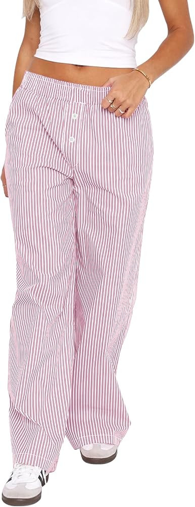 Balimtoy Women Y2k Striped Pajamas Lounge Boxer Pants Casual Elastic Waist Wide Leg Loose Trouser... | Amazon (US)