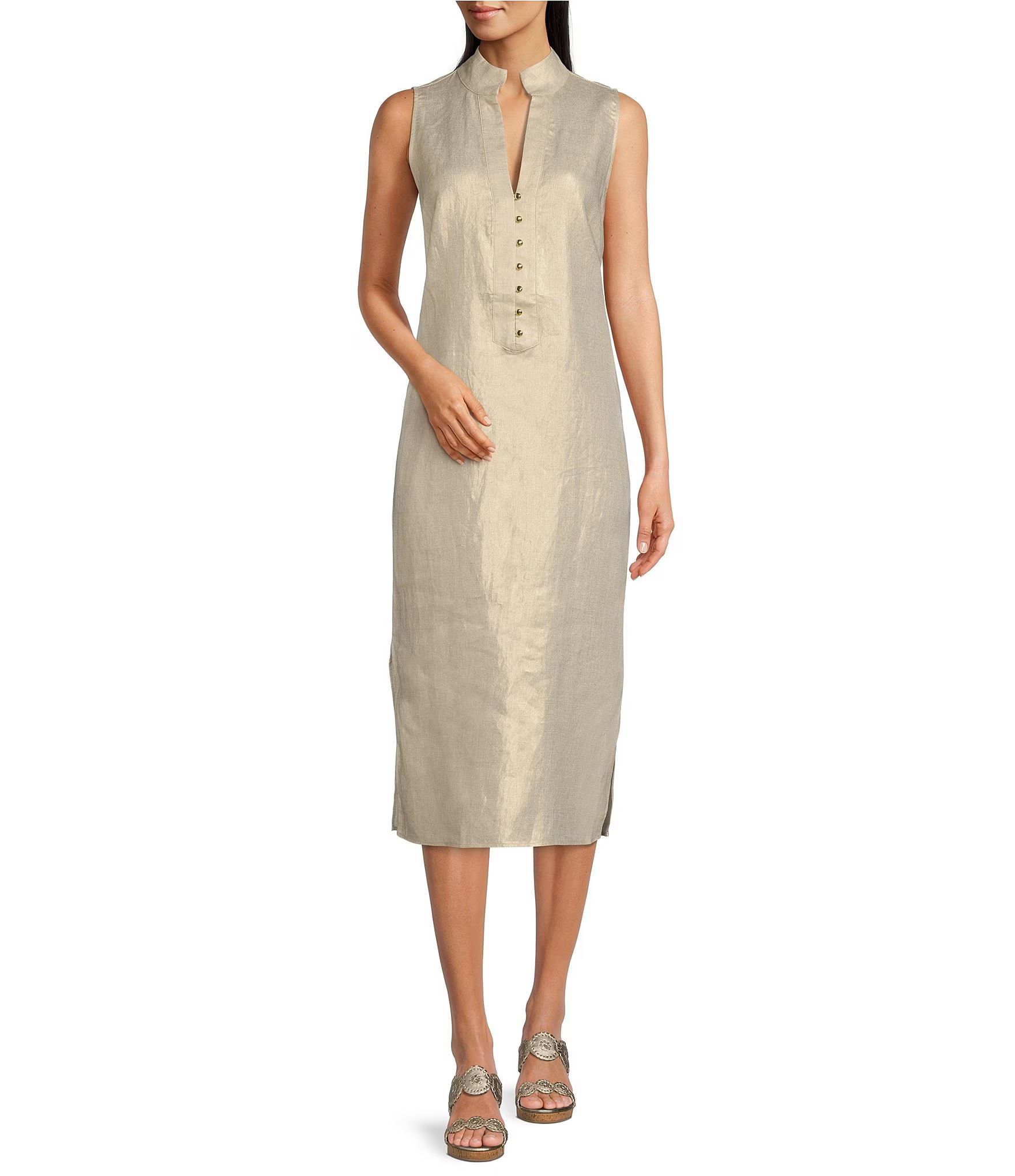 SAIL to SABLE Metallic Gold Linen Stand Collar Sleeveless Side Slit Midi Shirt Dress | Dillard's | Dillard's