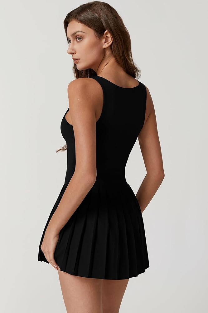 QINSEN Womens Square Neck Tennis Dress Pleated Sleeveless Built in Shorts Golf Athletic Dress wit... | Amazon (US)