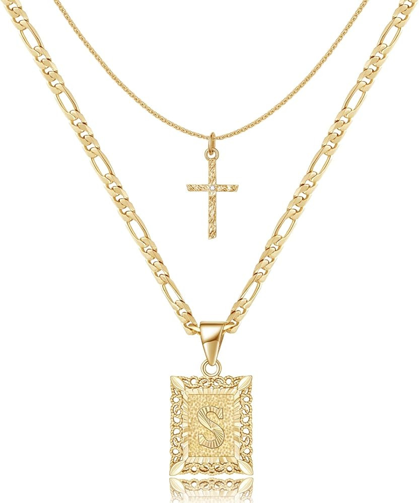 KELORIS PATH Gold Layered Initial Cross Necklace, 14K Gold Plated Layering Square Letter Pendant Fig | Amazon (US)
