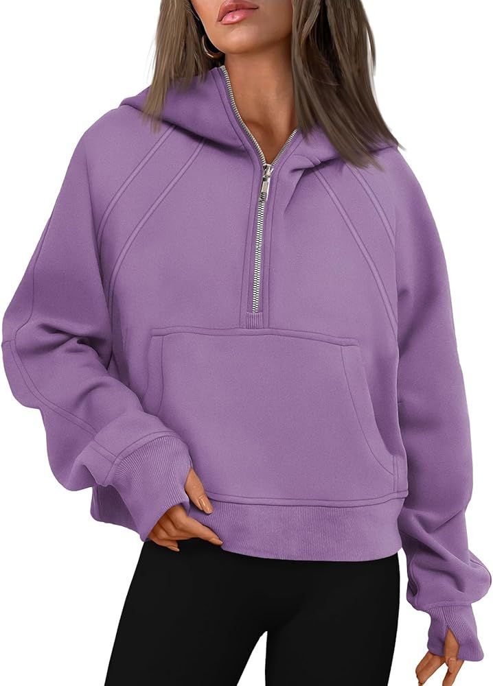 WYNNQUE Womens Quarter Zip Pullover Cropped Hoodies Long Sleeve Fleece Half Zip Sweatshirts Fall ... | Amazon (US)