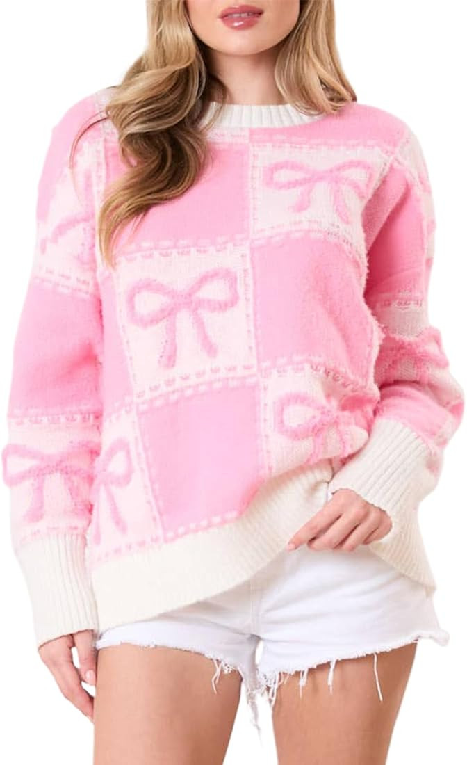 Women Y2K Fall Sweater Cute Bow Print Long Sleeve Cable Knit Pullover Casual Oversized Jumpers fo... | Amazon (US)