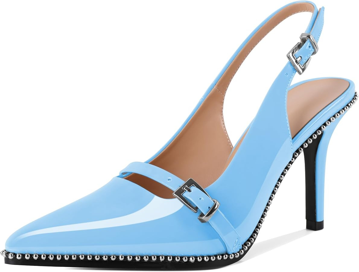 SAMMITOP Women's Slingback High Heels Closed Pointed Toe Beaded Pumps Stilettos Buckle Party Wedd... | Amazon (US)