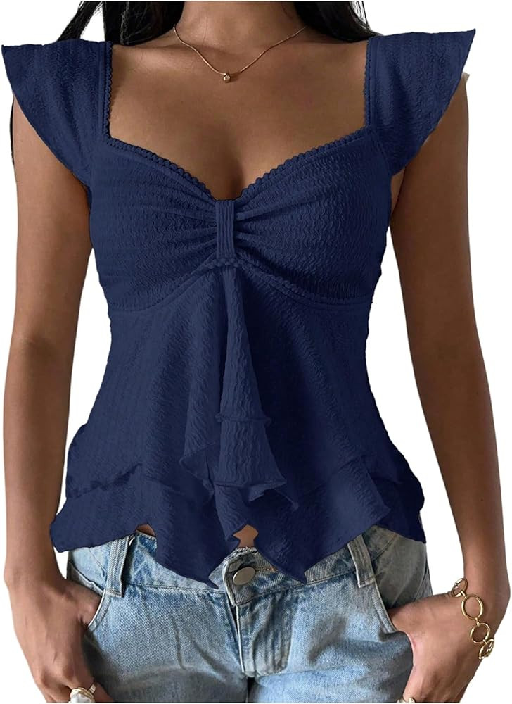RoseSeek Women's Flowy Going Out Tank Top Sweetheart Neck Cap Sleeve Summer Ruffle Elegant Crop T... | Amazon (US)