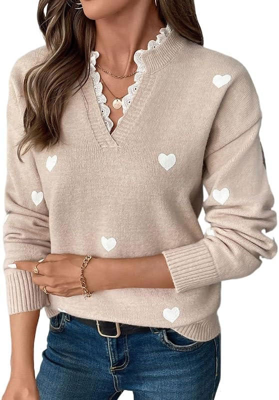 Cute Heart Print Sweater for Women - V-Neck Sweater Pullovers with Lace Trim, Knit Jumper | Amazon (US)