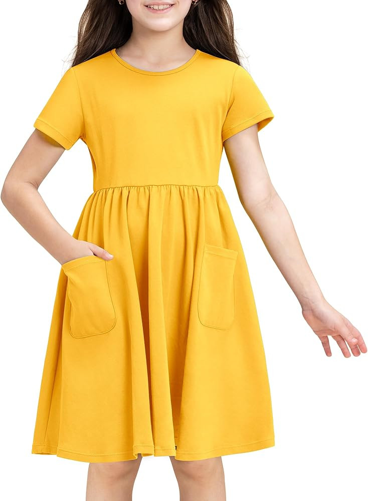 Stelle Girls Dresses Cotton Short Sleeve Dress Cute Midi Casual Sundress with 2 Pockets | Amazon (US)