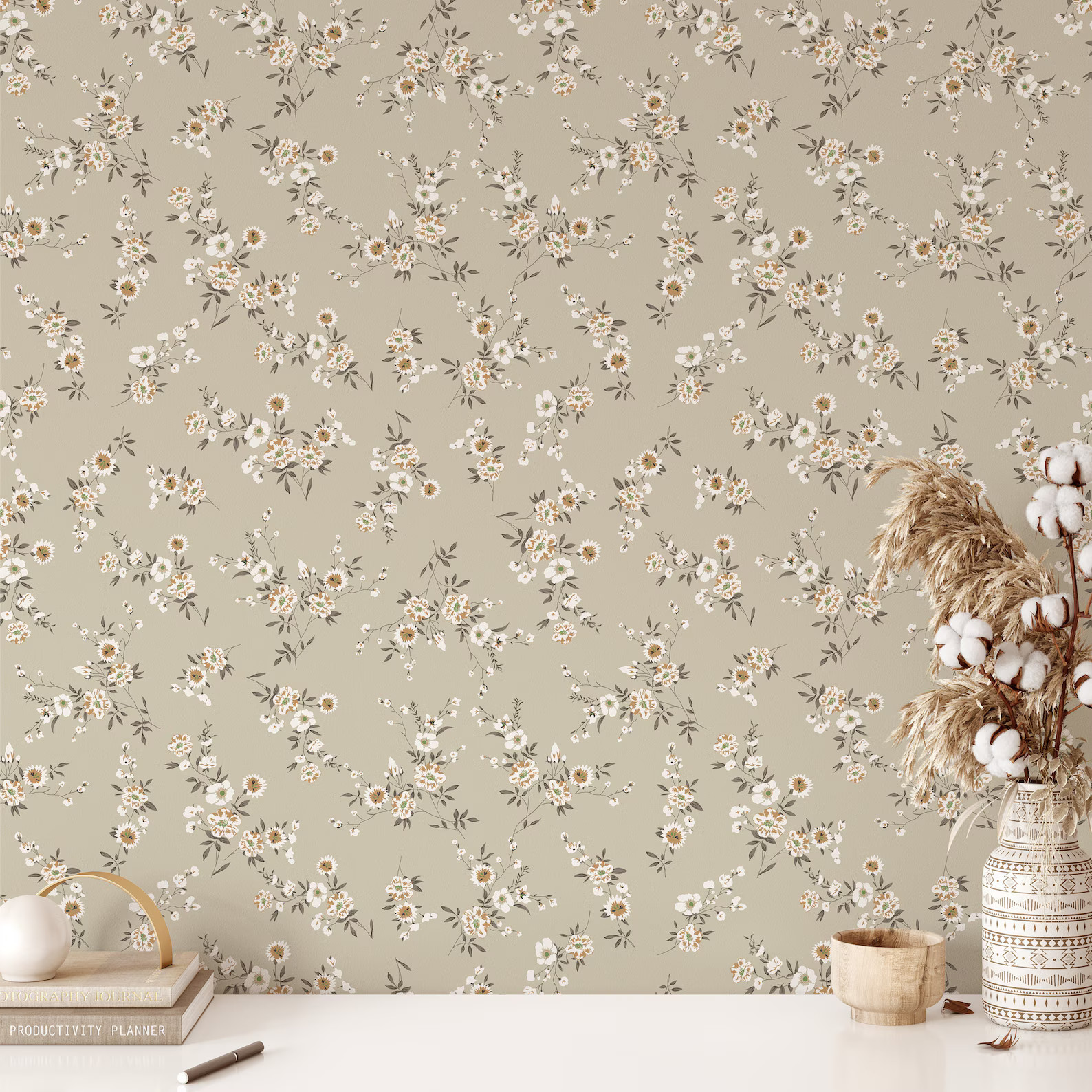 Dainty Floral Wallpaper. Peel and Stick. Traditional. Removable. Coastal. Farmhouse. Neutral. Gre... | Etsy (US)