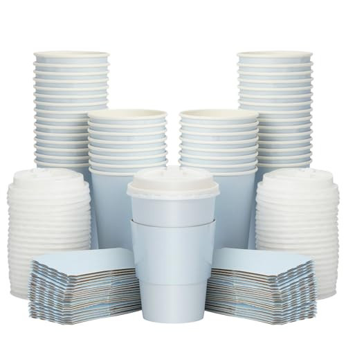 Sparkle and Bash 48 Pack 16 Oz To Go Coffee Cups with Lids and Sleeves for Baby Shower and Birthday Party Supplies, Home, and Restaurant - Light Blue Disposable Coffee Cups with Lids | Amazon (US)