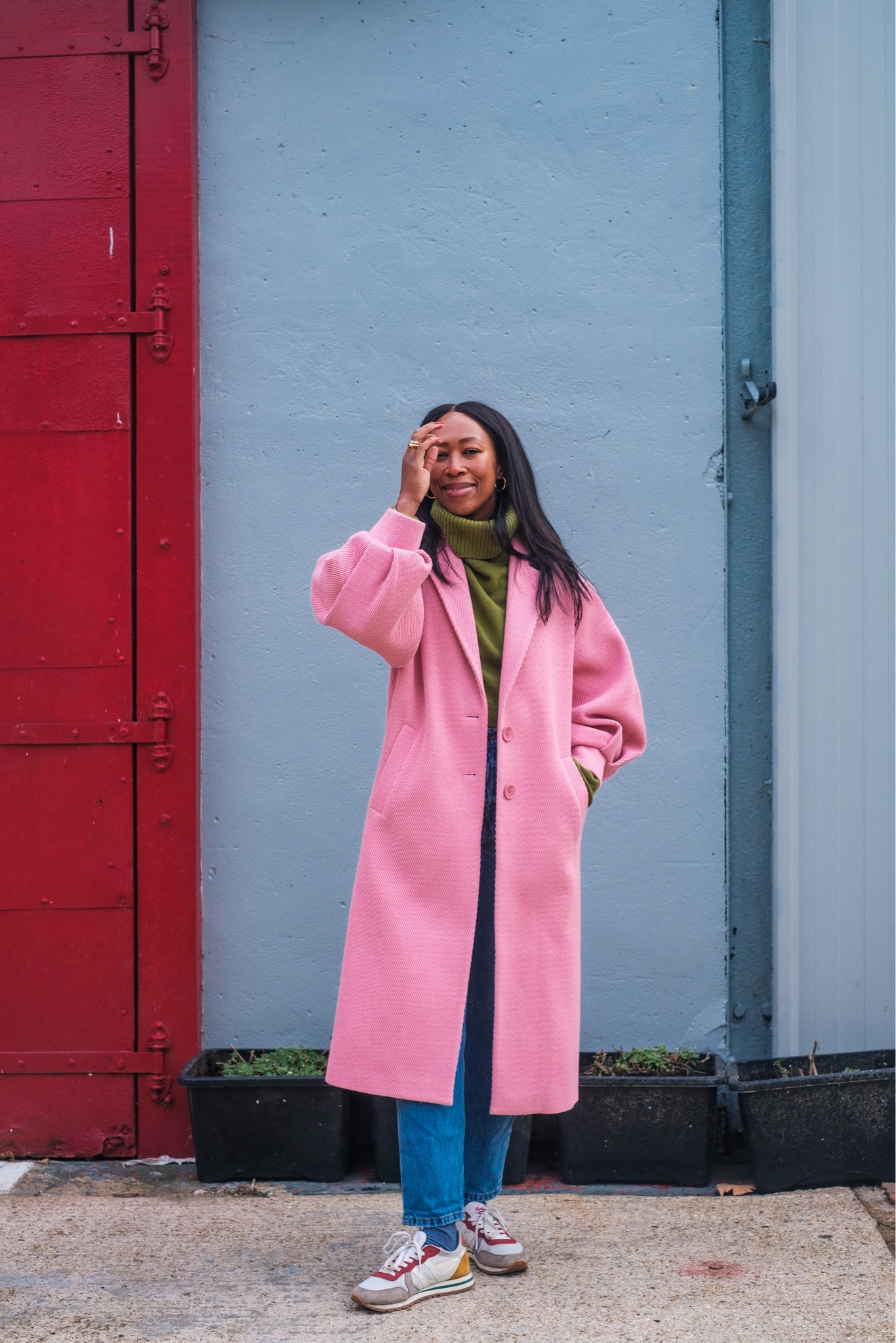 Dopamine dressing winter coat pink coat casual weekend look 