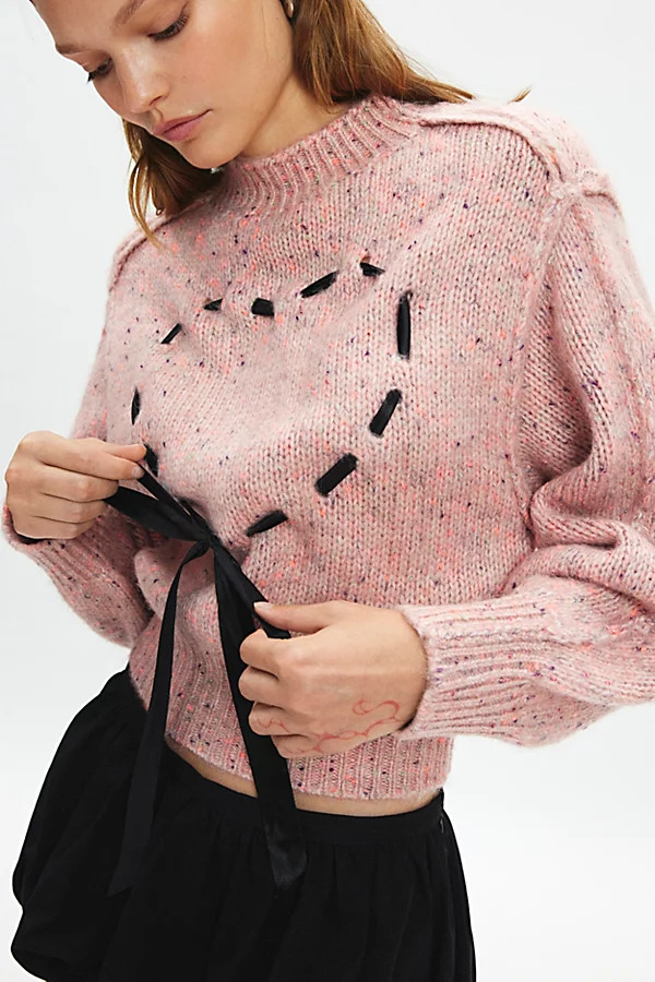 Kimchi Blue Elise Heart Ribbon Mockneck Pullover Sweater | Urban Outfitters (US and RoW)