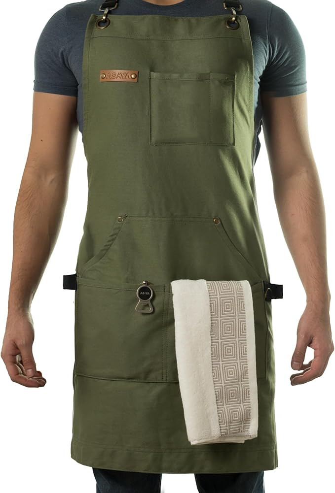 Asaya Chef and BBQ Apron with Bottle Opener and Hand Towel - 10oz Cotton Canvas, Stainless Steel ... | Amazon (US)