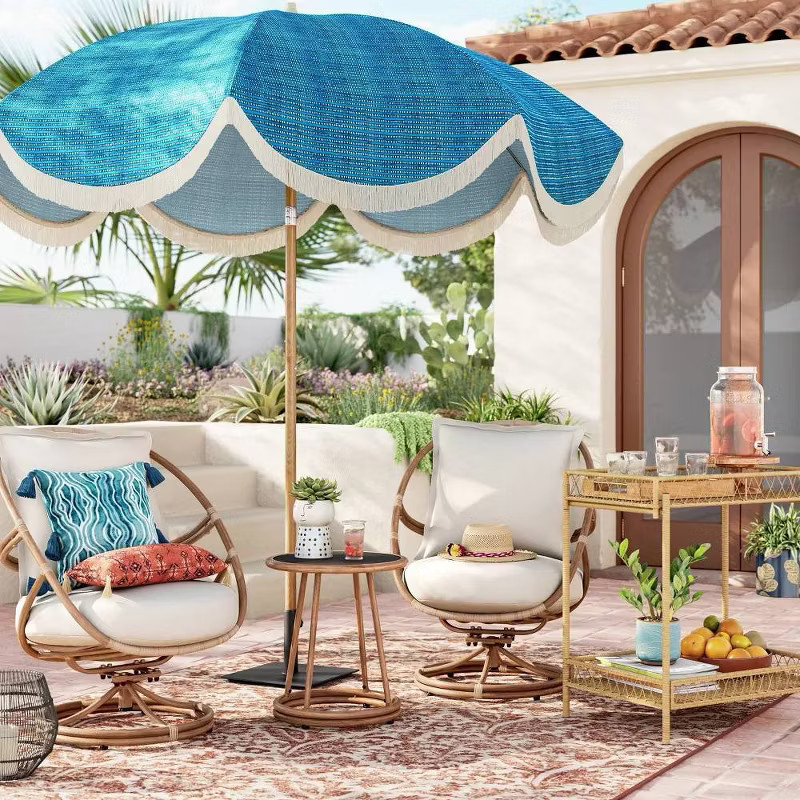 7.5'x7.5' Scalloped Patio Market Umbrella Teal - Light Wood Pole - Threshold™ | Target