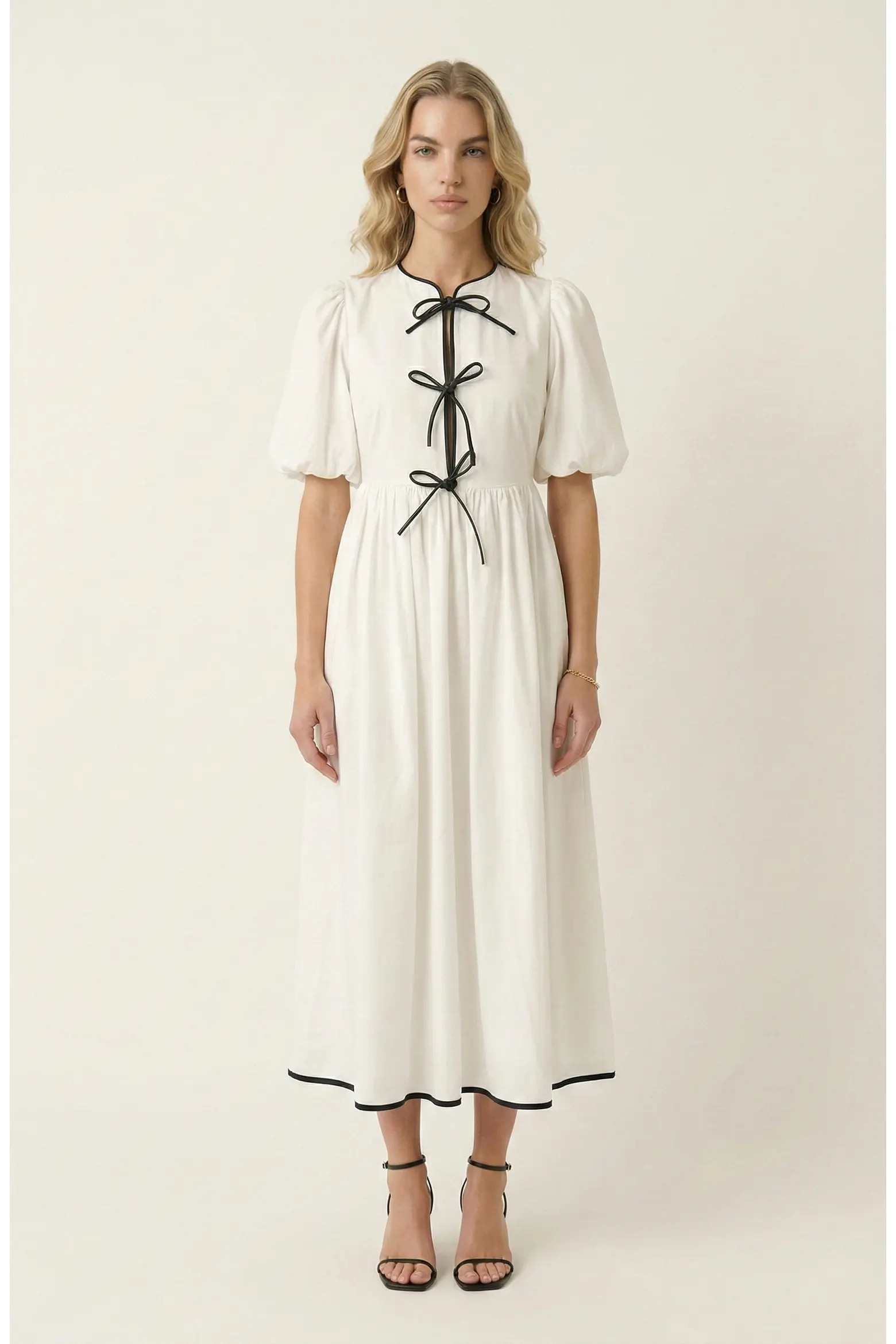 Puff Sleeve Midi Dress with Tiered Front Ties and Contrast Trim (Women) | Nordstrom | Nordstrom