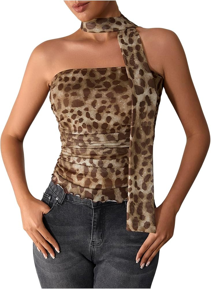 Milumia Women's Leopard Print Tube Top Cheetah Mesh Halter Top with Scarf Party Club | Amazon (US)