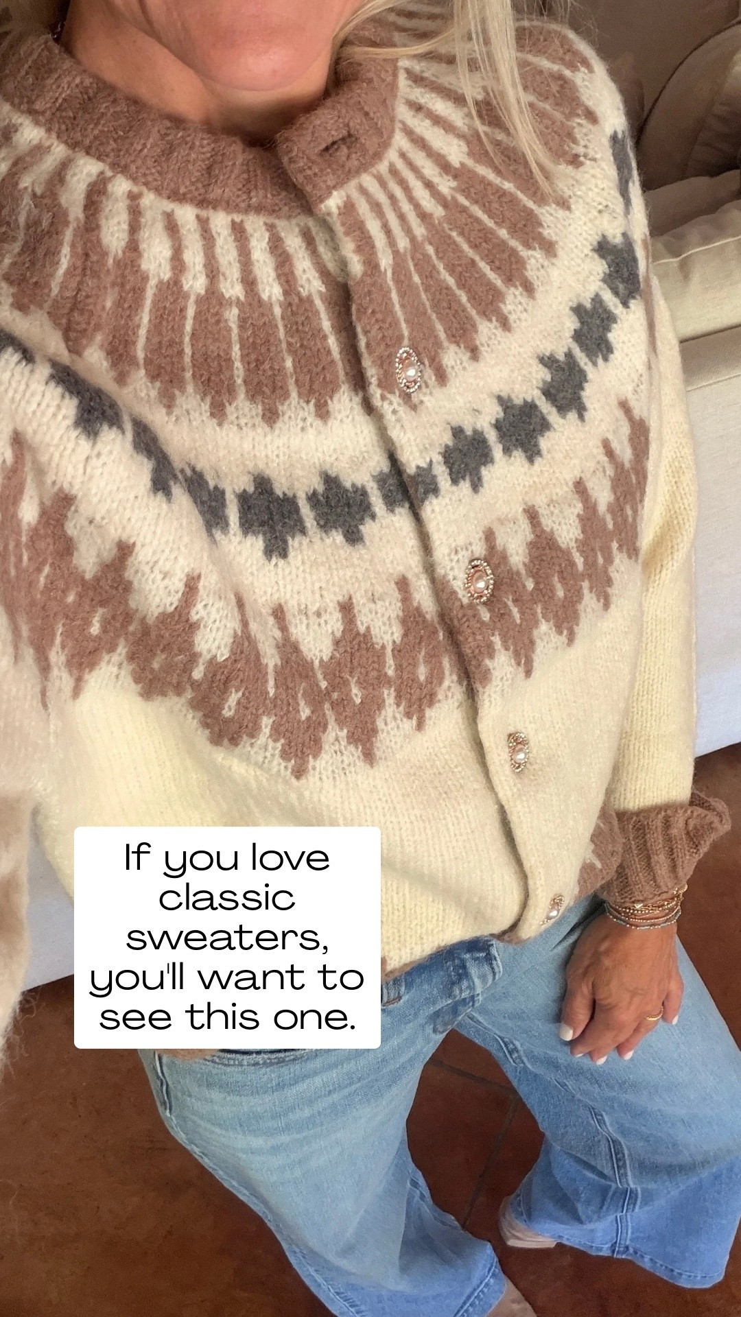 The perfect mix of cozy and classic! 🤍 This Fair Isle cardigan in beautiful cream, taupe, and charcoal tones is such a timeless piece for fall. I love how it pairs effortlessly with light-wash denim for an easy, polished everyday outfit.

#LTKootd #LTKOver40