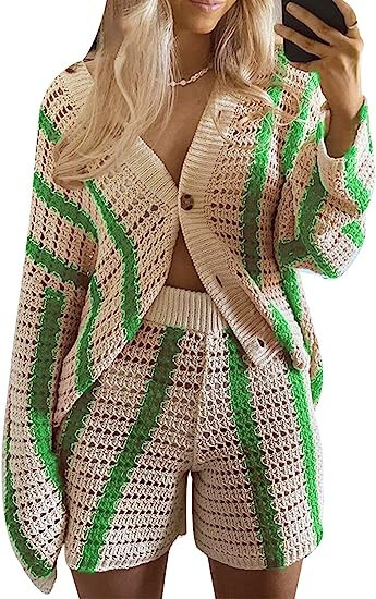 Gihuo Women' s Y2K 2 Piece Knit Outfits Striped Sweater Shorts Set | Amazon (US)