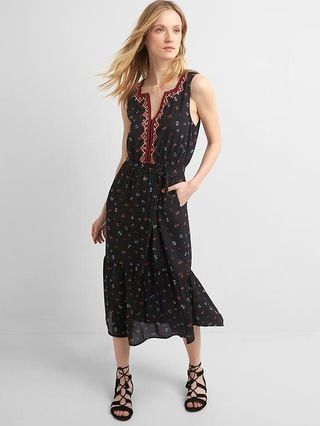 Gap Womens Embroidery Midi Tier Dress Black Print Size L | Gap US