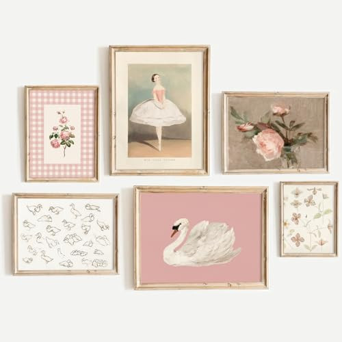 Nursery Pink Wall Art Decor Baby Girl Canvas Wall Art Vintage Floral Prints Kids Room Wall Decor Preppy Flower Poster Antique Pink Pictures Swans Painting for Girls Room Bedroom 12x16x6 Inch Unframed | Amazon (US)