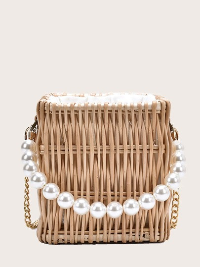 Faux Pearl Handle Rattan Woven Bucket Bag | SHEIN
