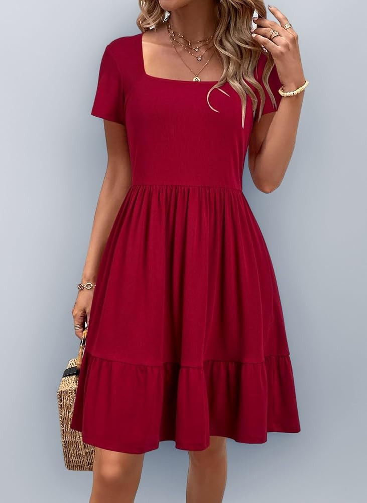 Newshows Sommerkleid Damen Knielang Sommer Kurzarm Kleid Quadratischer Ausschnitt Elegant Strandk... | Amazon (DE)