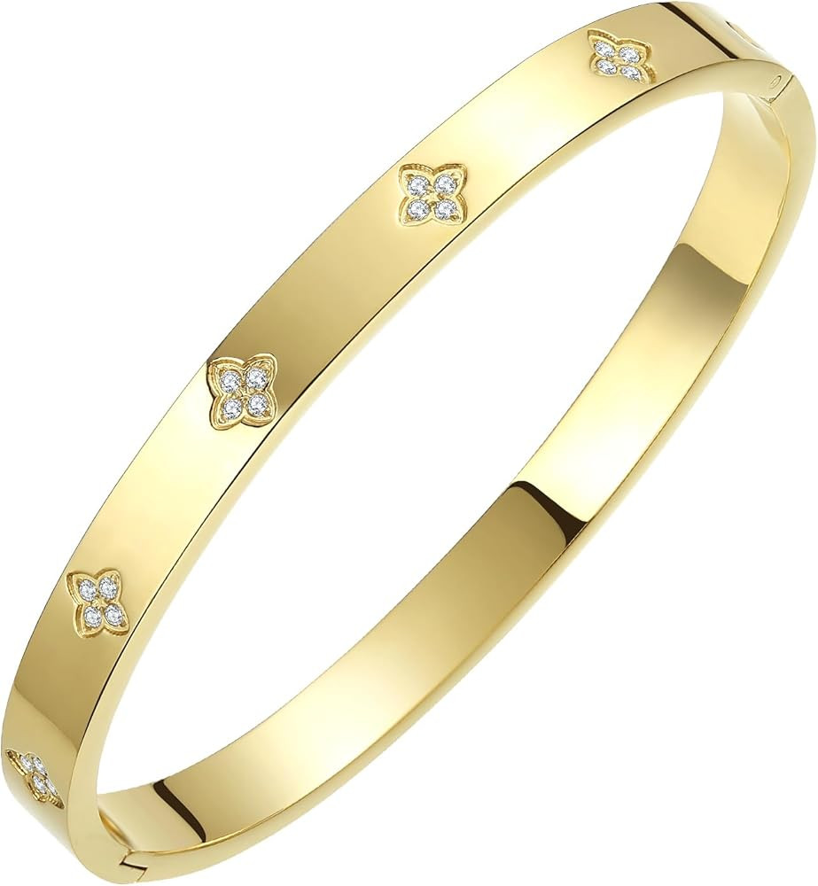 Gold Plated Bangle Bracelets for Women Four Leaf Clover Lucky Love Cubic Zirconia Bracelet | Amazon (US)