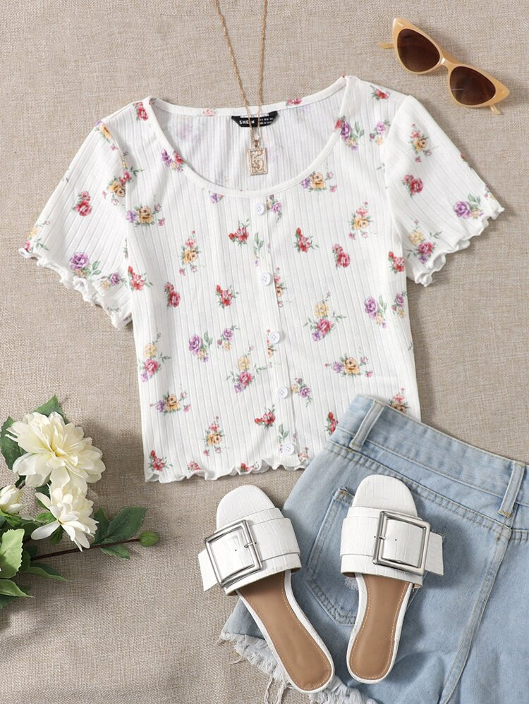 SHEIN Plus Floral Print Lettuce Trim Rib-knit Tee | SHEIN