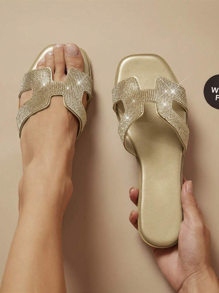 SHUZIA Wide Fitting Women's Luxe-Inspired Rhinestone Harness Cutout Open Toe Rhinestone Gold Slid... | SHEIN