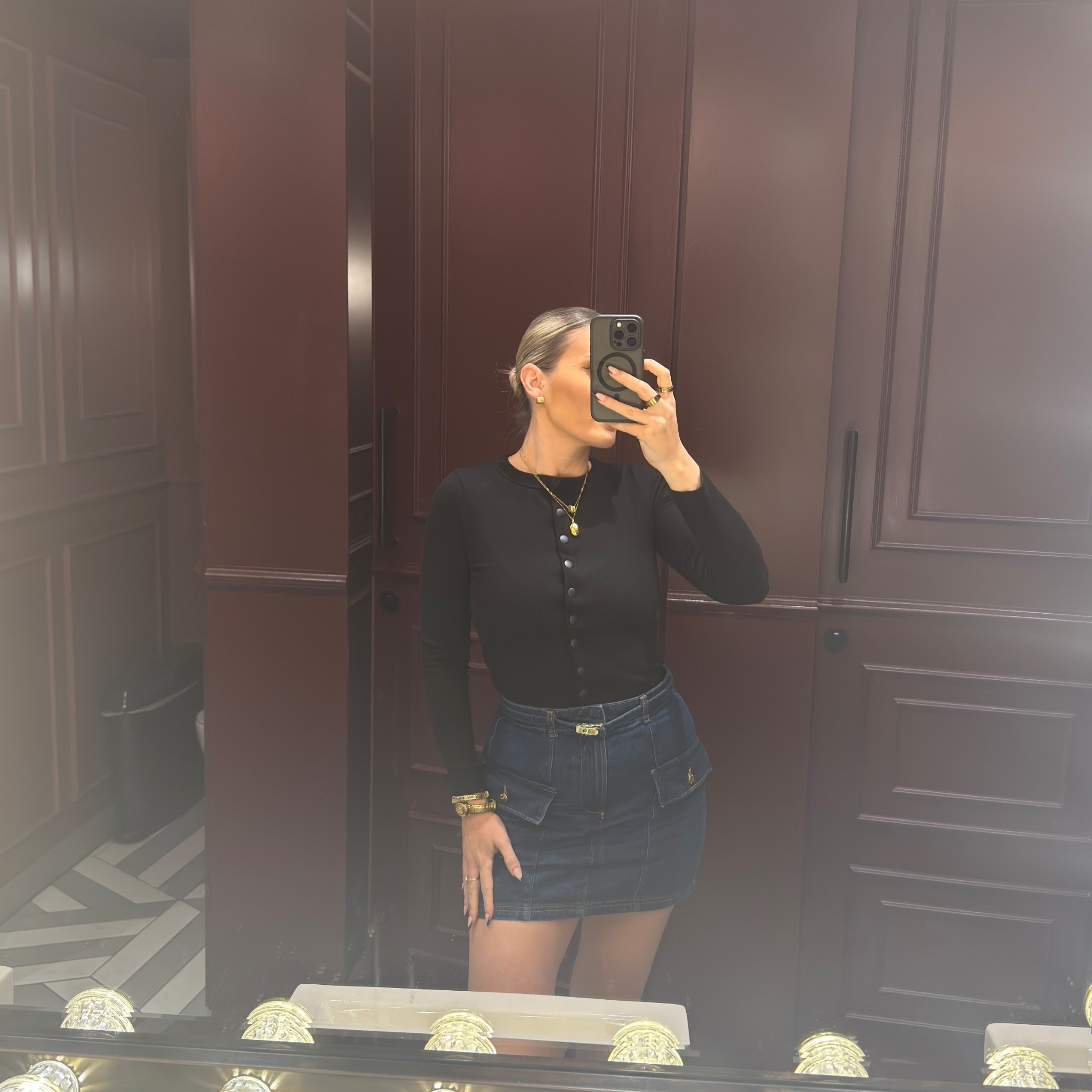 Long sleeve black button up teamed with a dark denim skirt with gold hardware 👌🏼 

#LTKdatenight #LTKuk #LTKautumn