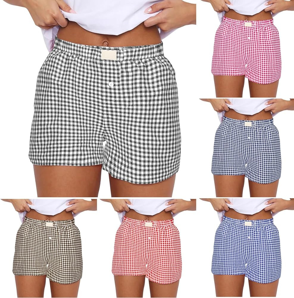 DASAYO Womens Shorts Casual Summer 2024 Elastic Waist Plaid Boxer Shorts Trendy Cute Beach Comfy ... | Amazon (US)