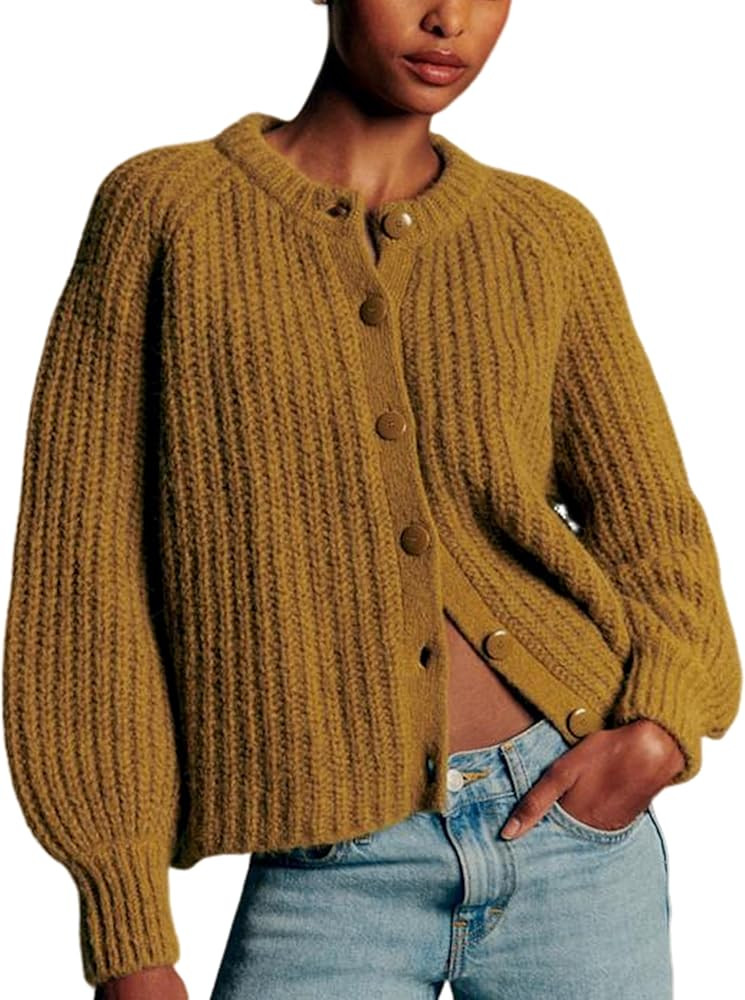 Bianstore Women's Casual Long Sleeve Crewneck Button Down Cardigan Sweater Knit Outwear | Amazon (US)