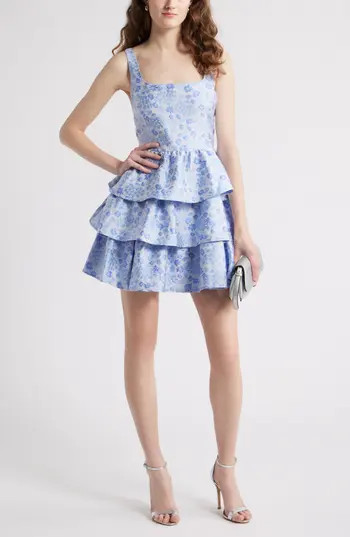 Chelsea28 Floral Brocade Tiered Minidress in Light Blue Floral Brocade at Nordstrom Rack, Size Small | Nordstrom Rack