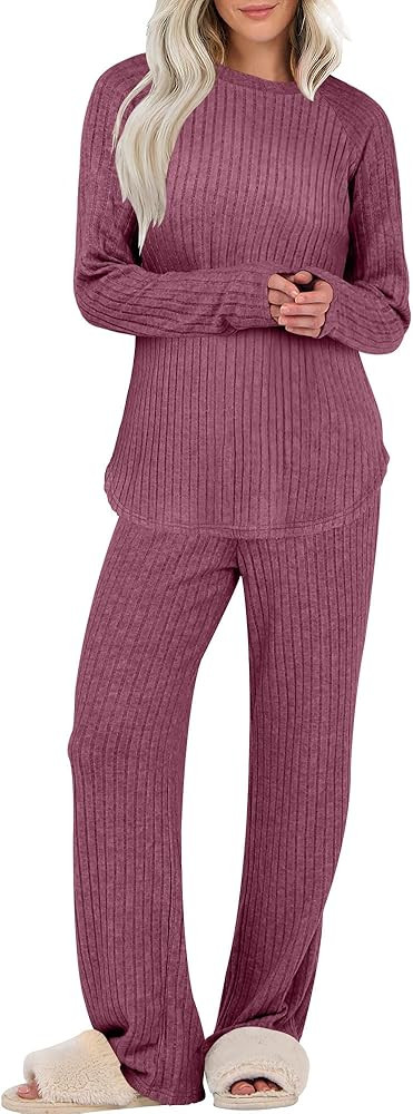 ANRABESS Womens 2 Piece Lounge Pajama Sets Ribbed Knit Long Sleeve Tunic Tops Matching Pants Casu... | Amazon (US)