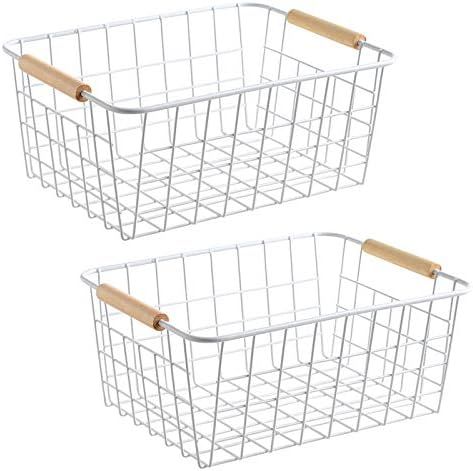 LeleCAT White Wire Baskets with Wooden Handles Storage Organizer Baskets, Household Refrigerator for | Amazon (US)